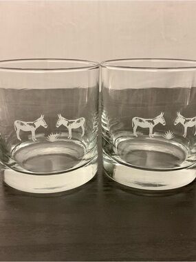 Southwestern Old-Fashioned Whiskey Glasses Set of 2 Etched Donkeys & Agave